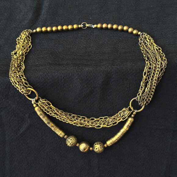 Vintage Tribal Brass Chain Necklace 777g Filigree Globe Beads Multi-Strand - Picture 1 of 9